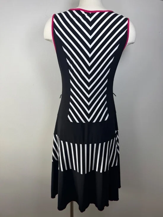 Joseph Ribkoff Black & White Chevron Midi Dress with Pink Trim - Picture 2 of 6